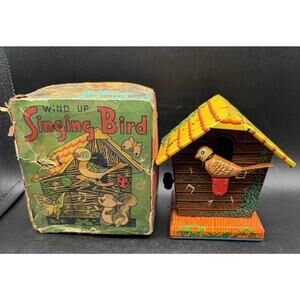 Vintage Japan T.N. Tin Wind Up Birdhouse & Bird on Perch original box Works! T10